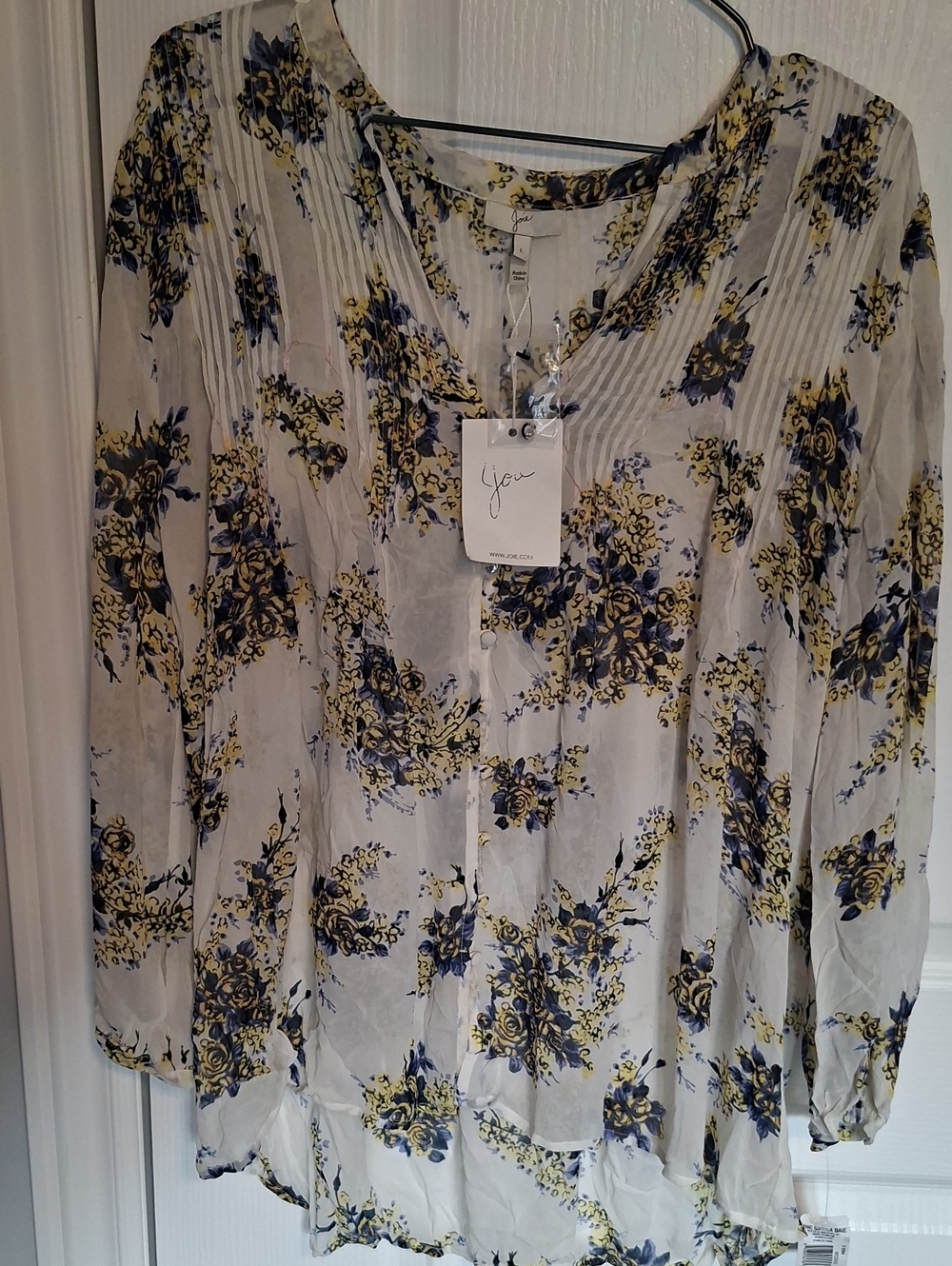 Joie White Floral Pintuck V-Neck Silk Blouse with Blue & Yellow Print